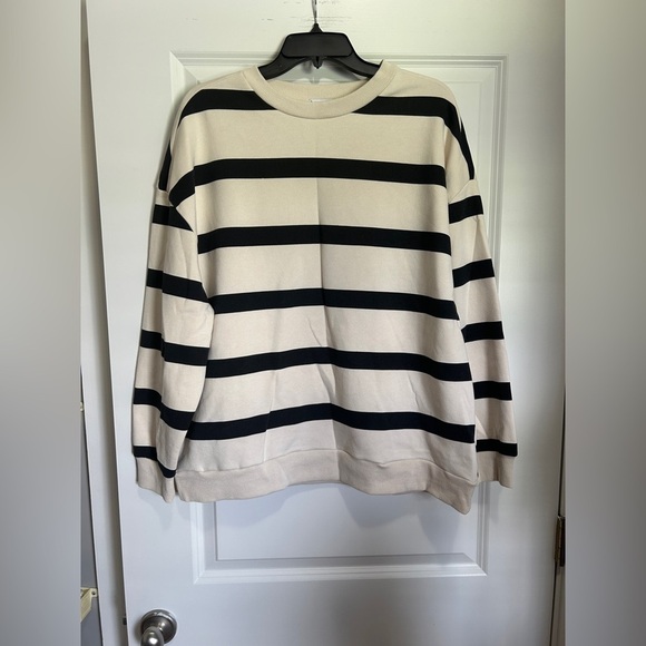 stradivarius Tops - Stradivarius women's Crewneck Sweater - Black and Cream Stripes